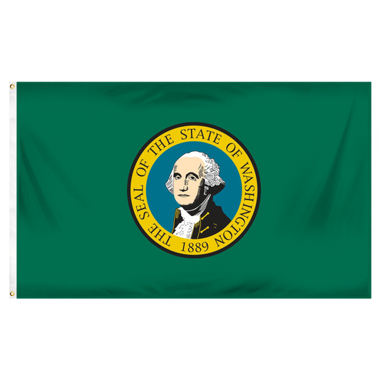State of Washington flag featuring the distinctive full-color state seal and 'The Seal of the State of Washington 1889' text on a solid dark green field