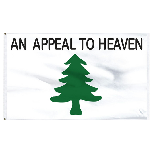 Historical An Appeal to Heaven flag featuring a green pine tree and black text on a white background.