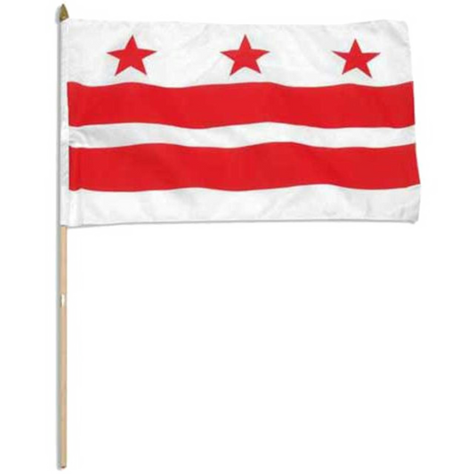Flag of Washington D.C. with two red horizontal stripes and three red stars on a white canvas