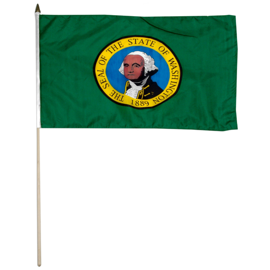 State of Washington stick flag featuring the distinctive full-color state seal and 'The Seal of the State of Washington 1889' text on a solid dark green field
