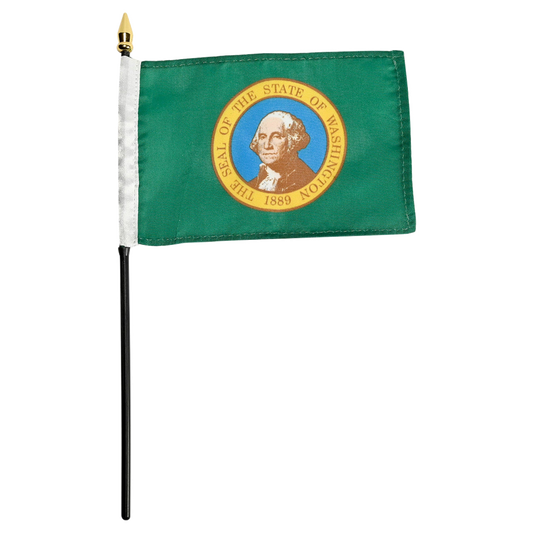 Washington State stick flag attached to a black staff with a gold spear top.