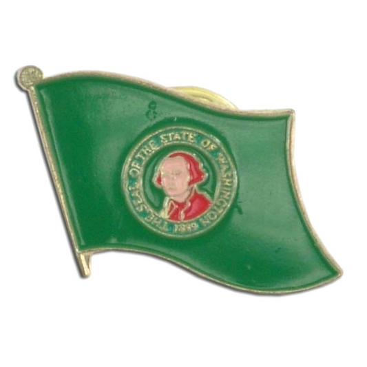 Green flag-shaped badge with a portrait and emblem on a white background