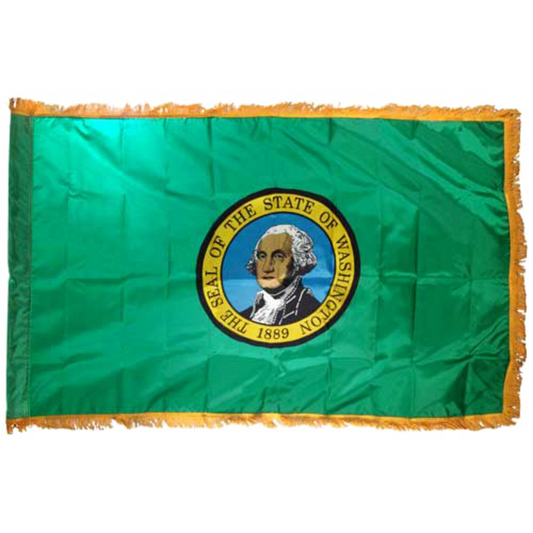 State of Washington flag featuring the distinctive full-color state seal and 'The Seal of the State of Washington 1889' text on a solid dark green field.  This flag features fringe.