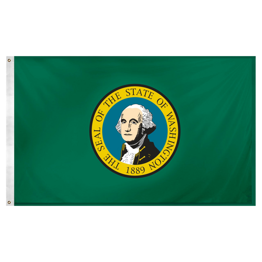 State of Washington flag featuring the distinctive full-color state seal and 'The Seal of the State of Washington 1889' text on a solid dark green field