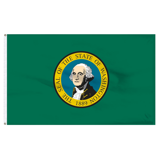 State of Washington flag featuring the distinctive full-color state seal and 'The Seal of the State of Washington 1889' text on a solid dark green field