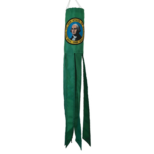 Green windsock with a logo on a white background