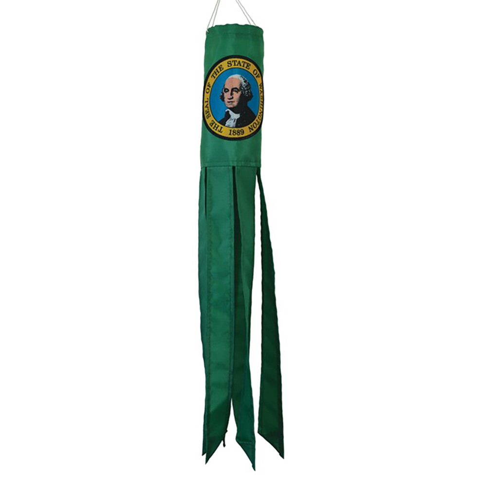 Green windsock with a logo on a white background