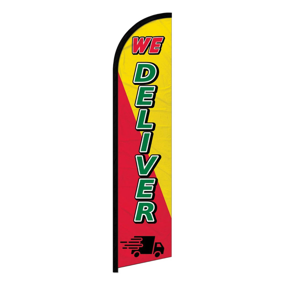 “We Deliver” feather flag with red, yellow, and black text and a delivery truck graphic.