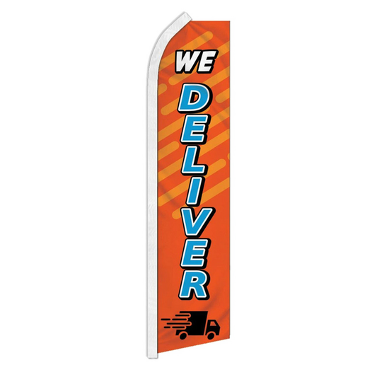 Orange flag with 'WE DELIVER' text and a truck icon on a white background