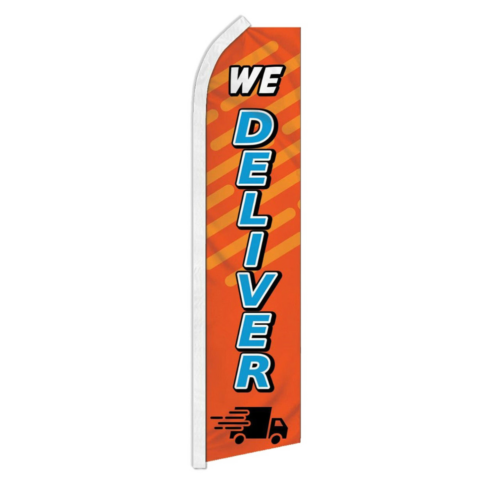 Orange flag with 'WE DELIVER' text and a truck icon on a white background