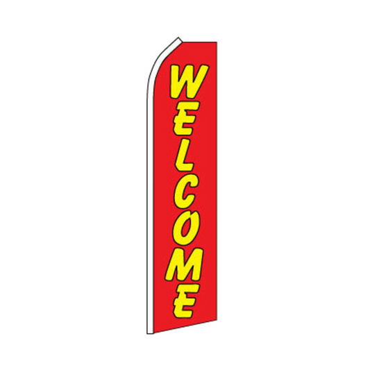 Red banner with yellow 'WELCOME' text on a white background