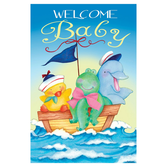 Decorative garden flag with cartoon characters on a boat with 'Welcome Baby' text against a blue sky.