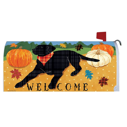 Mailbox cover with a black dog, pumpkins, and 'Welcome' text on a yellow background.