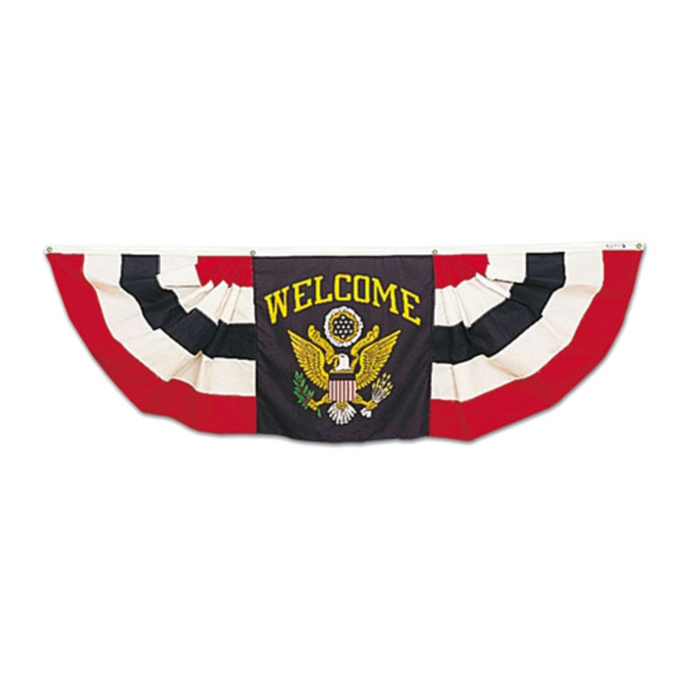Decorative banner with American flag design and 'Welcome' text on a white background