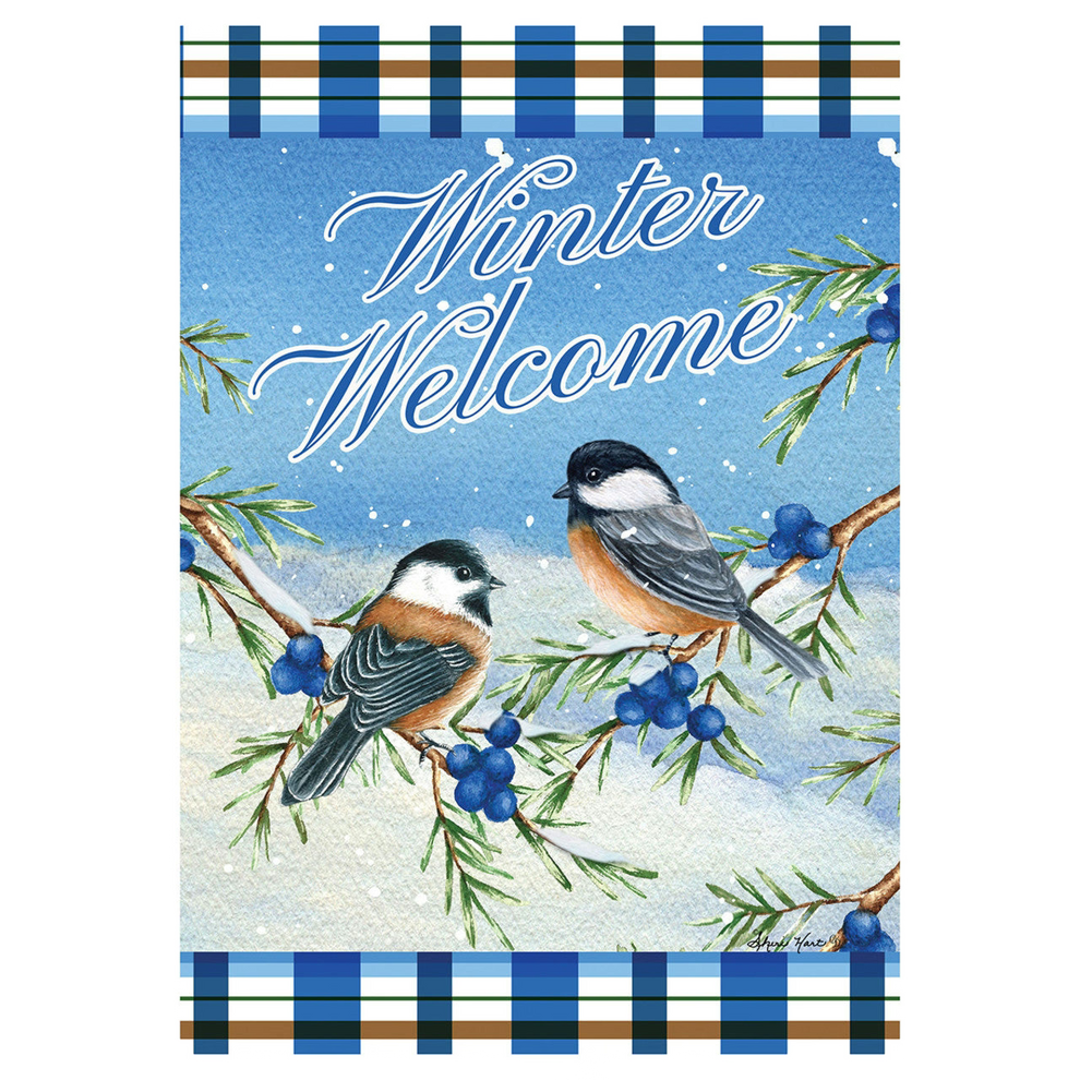 Winter-themed decorative garden flag with birds on a branch, blueberries, and 'Winter Welcome' text.
