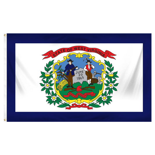 State of West Virginia state flag featuring the full-color state seal and 'State of West Virginia' red banner on a white field with a dark blue border