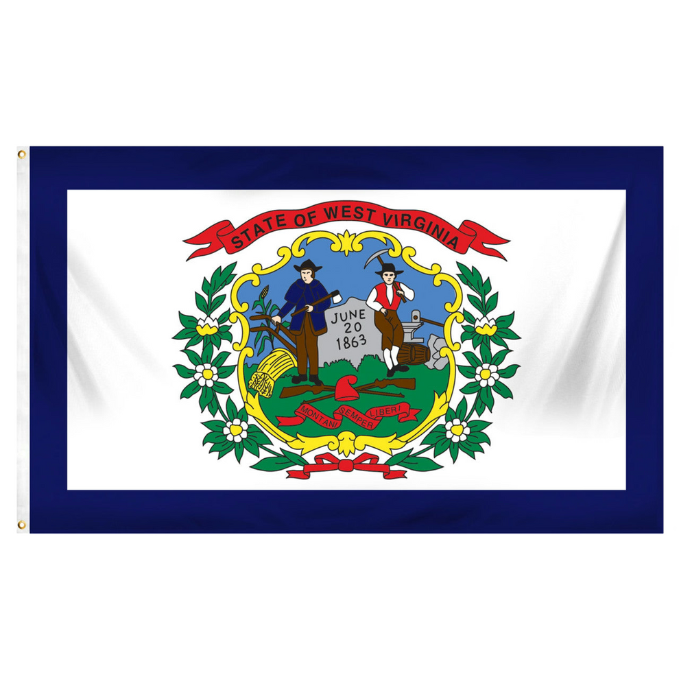 State of West Virginia state flag featuring the full-color state seal and 'State of West Virginia' red banner on a white field with a dark blue border