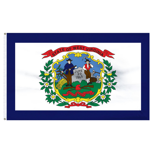 State of West Virginia state flag featuring the full-color state seal and 'State of West Virginia' red banner on a white field with a dark blue border