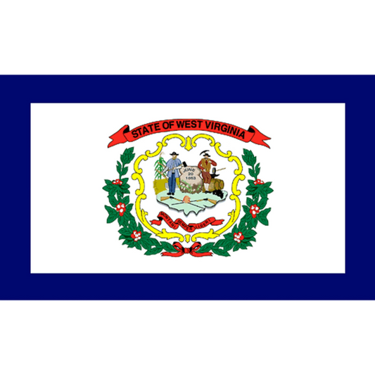 State of West Virginia state flag featuring the full-color state seal and 'State of West Virginia' red banner on a white field with a dark blue border