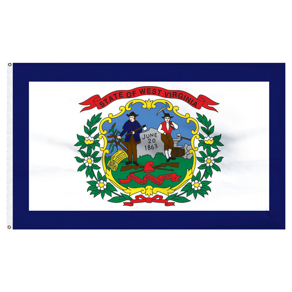 State of West Virginia state flag featuring the full-color state seal and 'State of West Virginia' red banner on a white field with a dark blue border