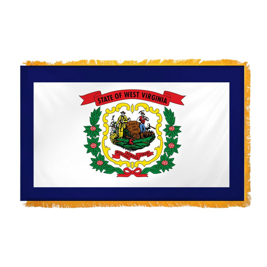 State of West Virginia state flag featuring the full-color state seal and 'State of West Virginia' red banner on a white field with a dark blue border.  Flag features fringe on edges.