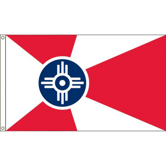 Wichita flag with a red and white design featuring a blue circle with a white symbol in the center.