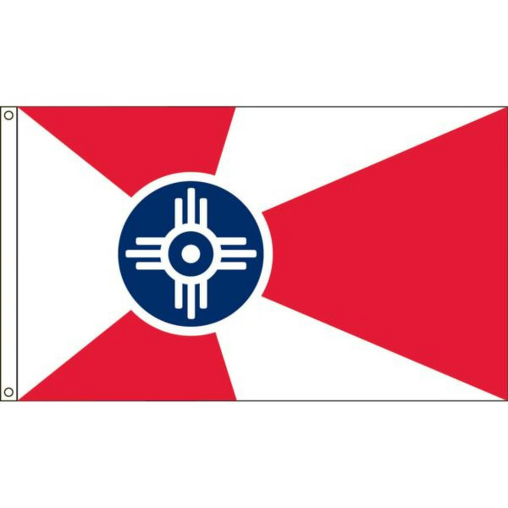 Wichita flag with a red and white design featuring a blue circle with a white symbol in the center.