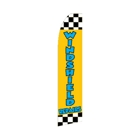 Checkered feather flag with 'Windshield Repairs' text on a yellow background