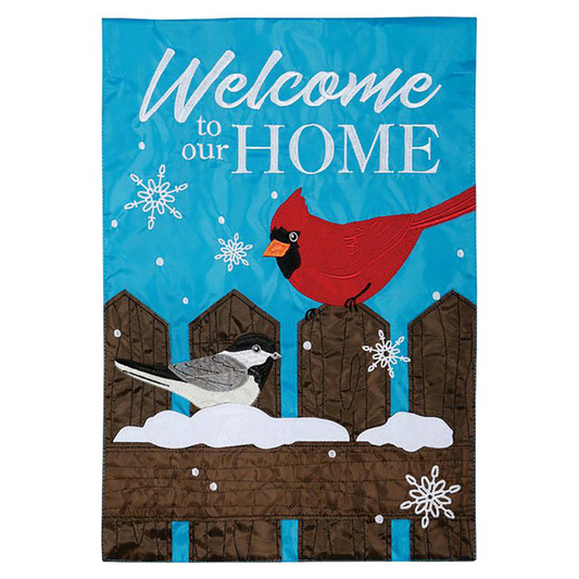 Decorative flag with a cardinal and chickadee on a snowy fence, featuring the text 'Welcome to our HOME'.