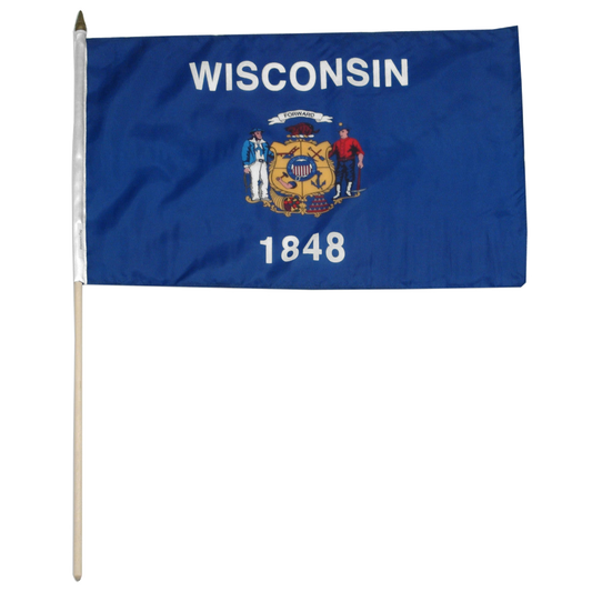 State of Wisconsin flag featuring the full-color state coat of arms, the 'Forward' motto, and 'Wisconsin 1848' text on a solid dark blue field.