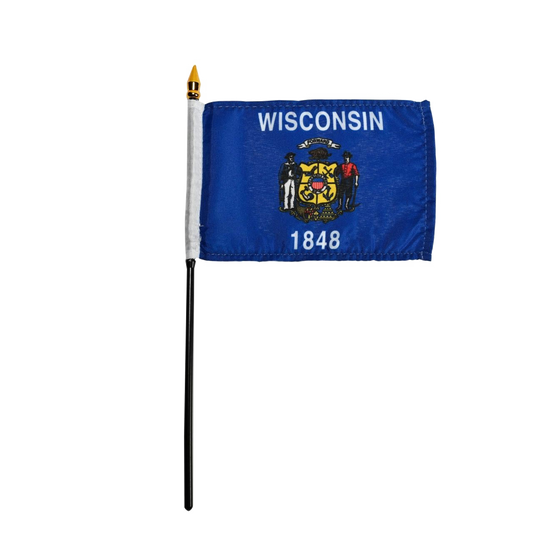 State of Wisconsin small stick flag featuring the full-color state coat of arms, the 'Forward' motto, and 'Wisconsin 1848' text on a solid dark blue field.