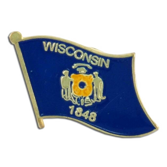 Pin with the design of the Wisconsin state flag on a white background