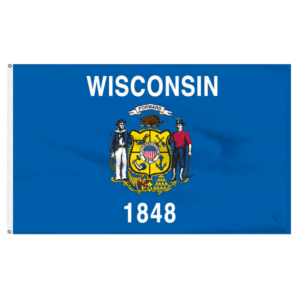State of Wisconsin flag featuring the full-color state coat of arms, the 'Forward' motto, and 'Wisconsin 1848' text on a solid dark blue field.