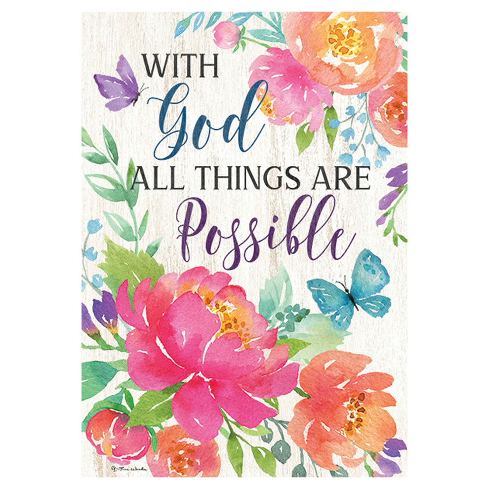 Decorative garden flag with floral design with 'With God All Things Are Possible' text on a light background