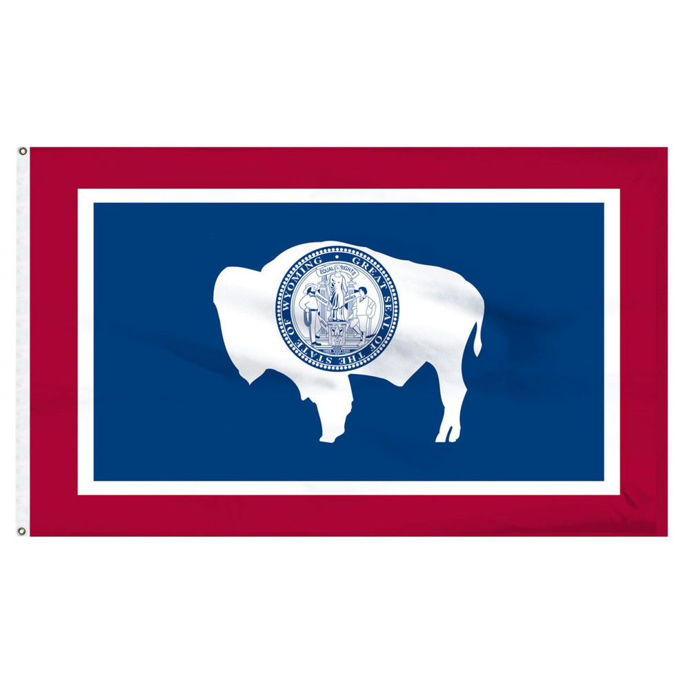 State of Wyoming flag with a white buffalo silhouette and seal on a blue background with red border