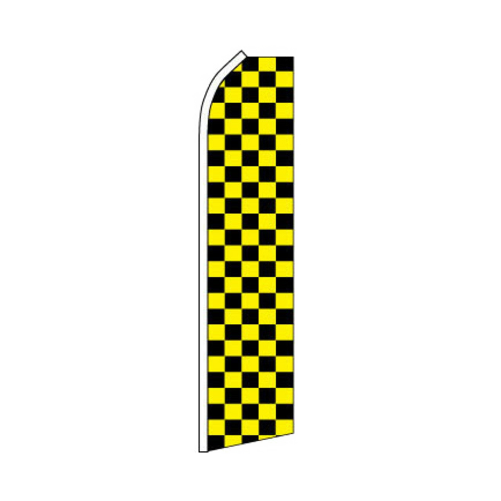 Checkered swooper flag with black and yellow pattern on a white background
