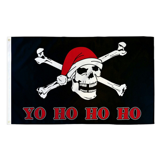 Pirate flag with skull and crossbones wearing a Santa hat and 'YO HO HO HO' text on a black background.
