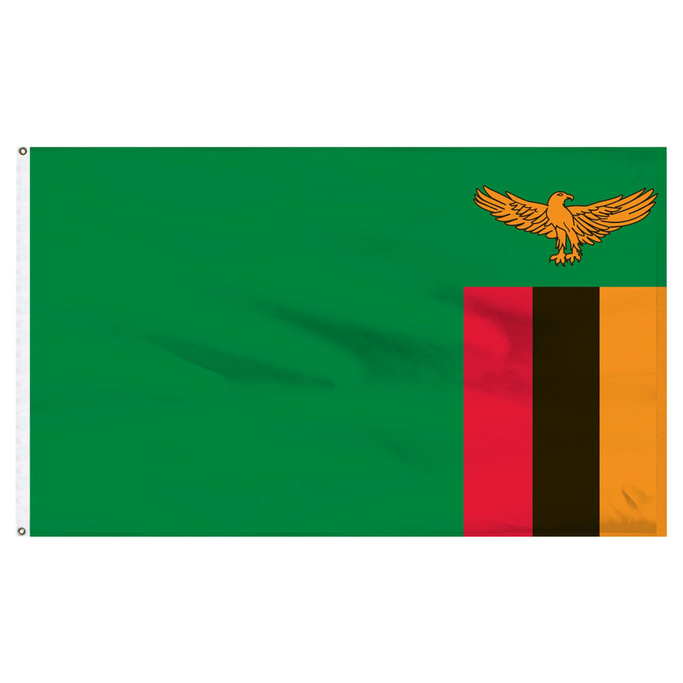 Zambia flag with a green background and a yellow eagle emblem, featuring red, black, and orange stripes.