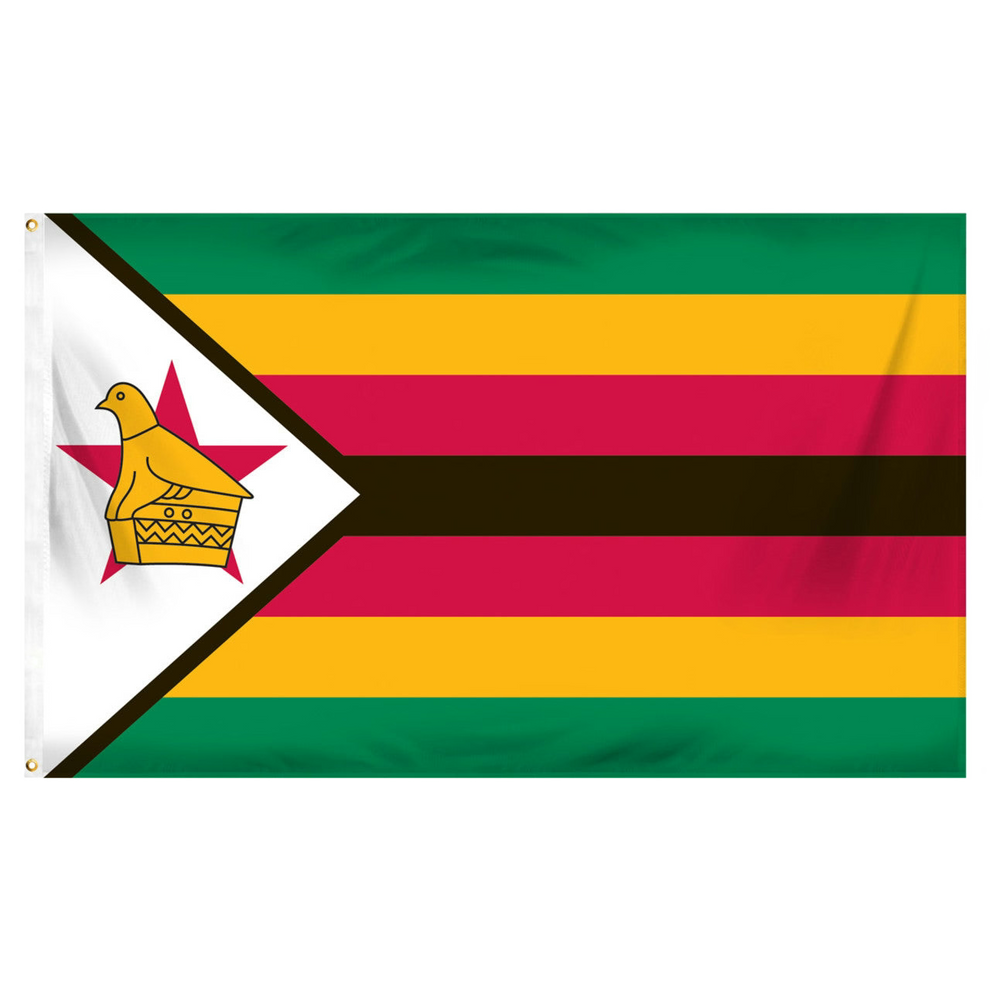 Flag with green, yellow, red, and white stripes featuring a central emblem on a white background