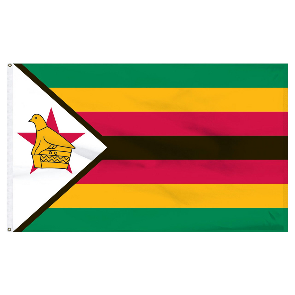 Zimbabwe Flag with green, yellow, red, and black stripes featuring a central emblem on a white background