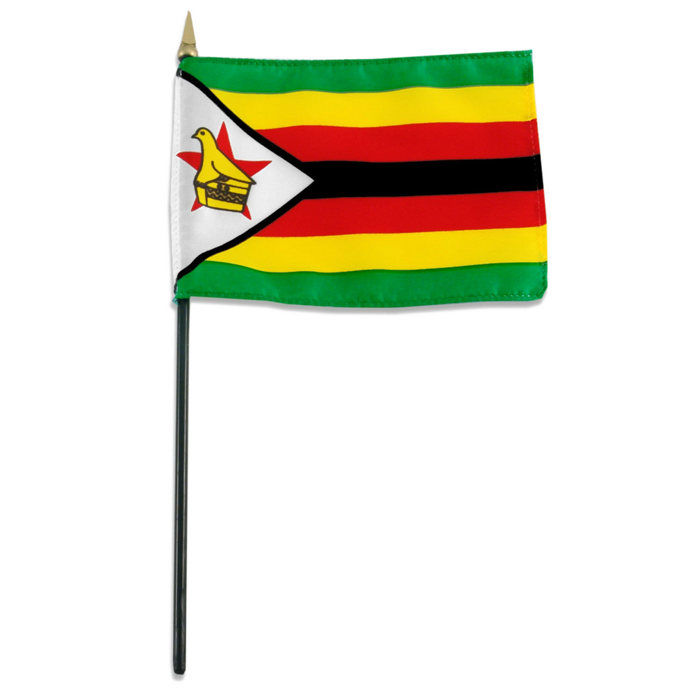 Zimbabwe flag with green, yellow, red, and black stripes and a white triangle with red star and emblem