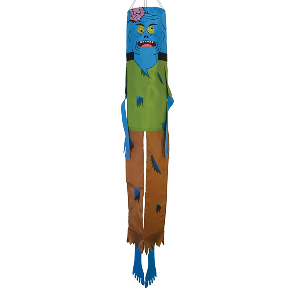 Colorful windsock shaped like a cartoon character on a white background