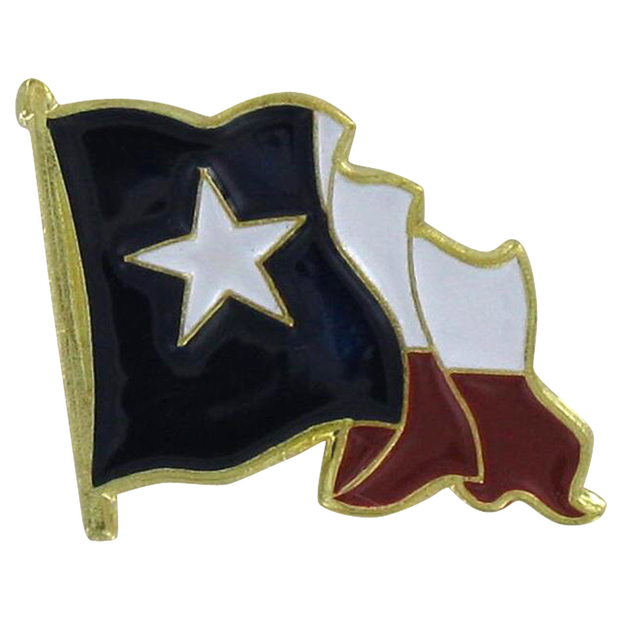 Lapel pin shaped like the state of Texas flag with a white star on a black field, gold border, and red and white stripes.