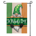 St. Patrick's Day garden flag with a gnome design on a striped background