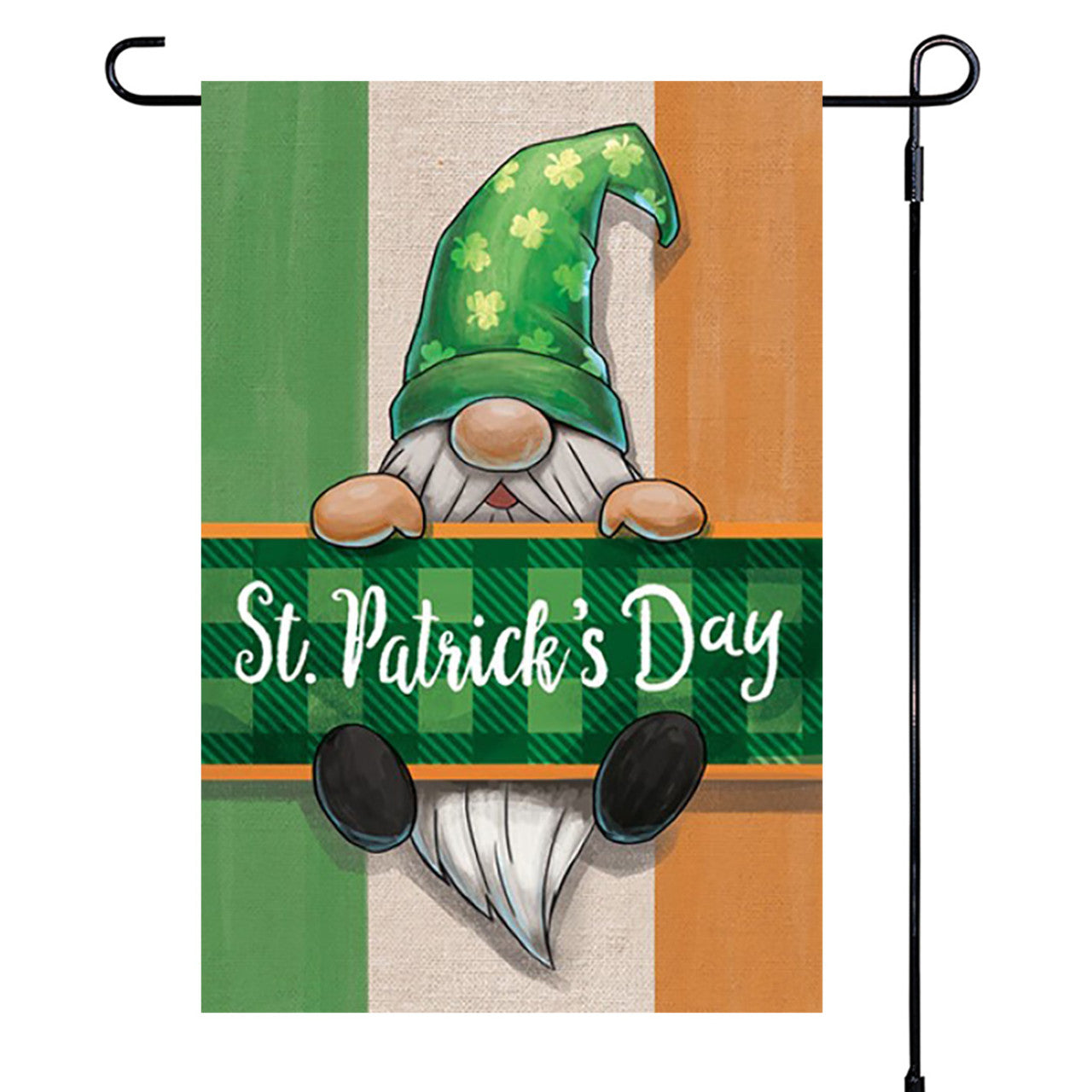 St. Patrick's Day garden flag with a gnome design on a striped background