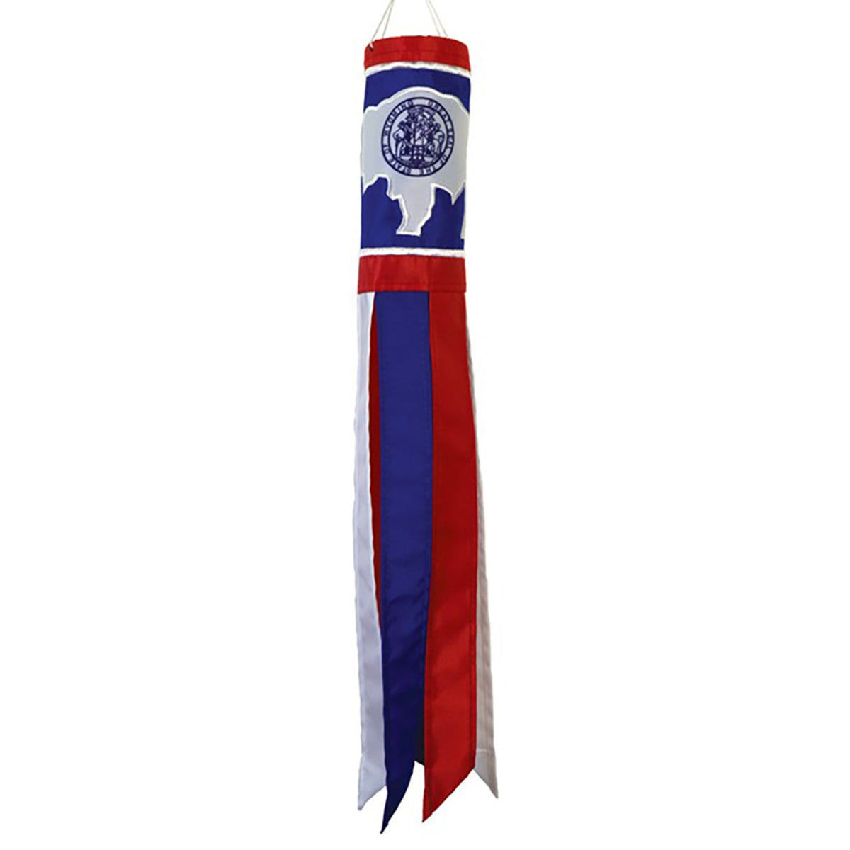 Windsock with red, white, and blue colors on a white background