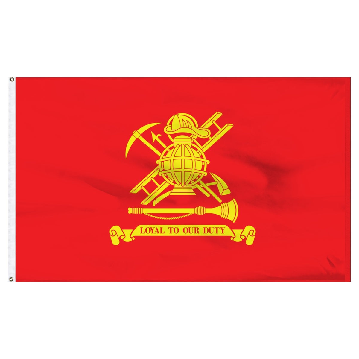 Red firefighter flag with yellow emblem and 'Loyal to Our Duty' text on a white background
