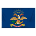 State of North Dakota flag featuring the full-color bald eagle emblem, the 'E Pluribus Unum' motto, and a red 'North Dakota' banner on a dark blue background.