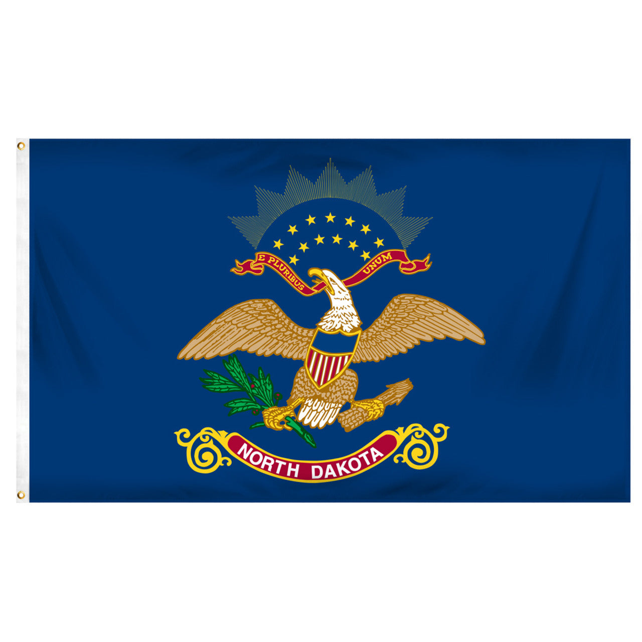 State of North Dakota flag featuring the full-color bald eagle emblem, the 'E Pluribus Unum' motto, and a red 'North Dakota' banner on a dark blue background.