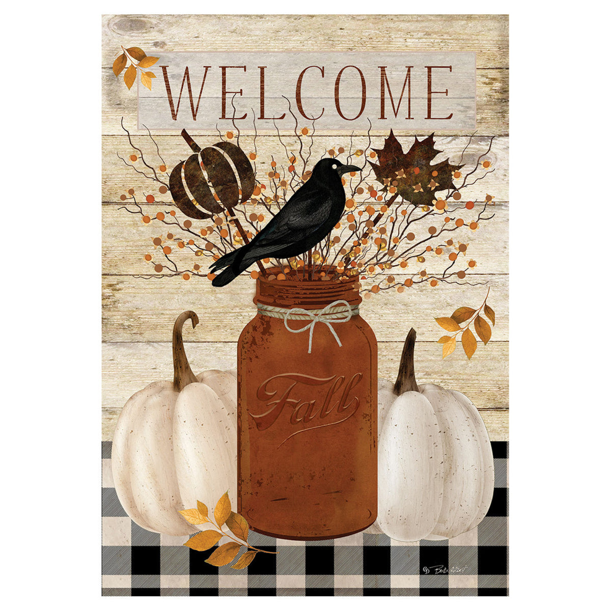 Decorative fall-themed flag with a mason jar, pumpkins, and a crow on a wooden background.